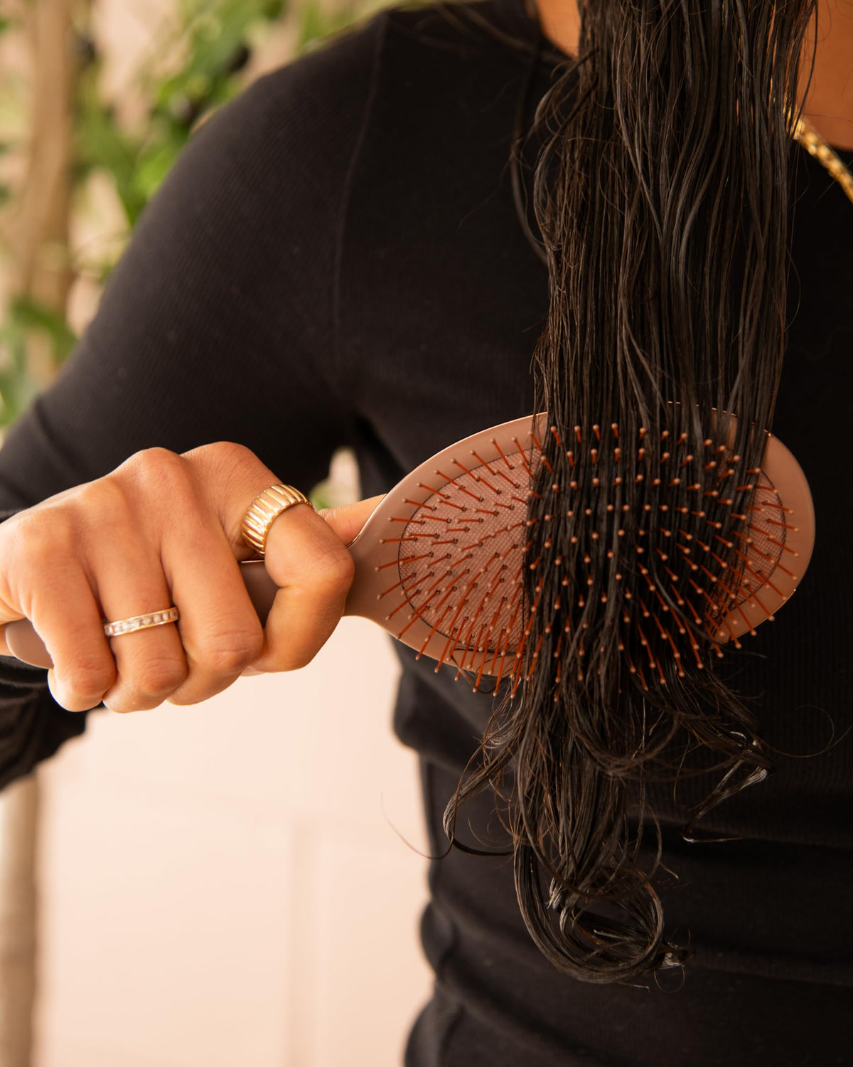 FRAMAR chocolate brush on vanity with accessories, elevates bathroom aesthetics