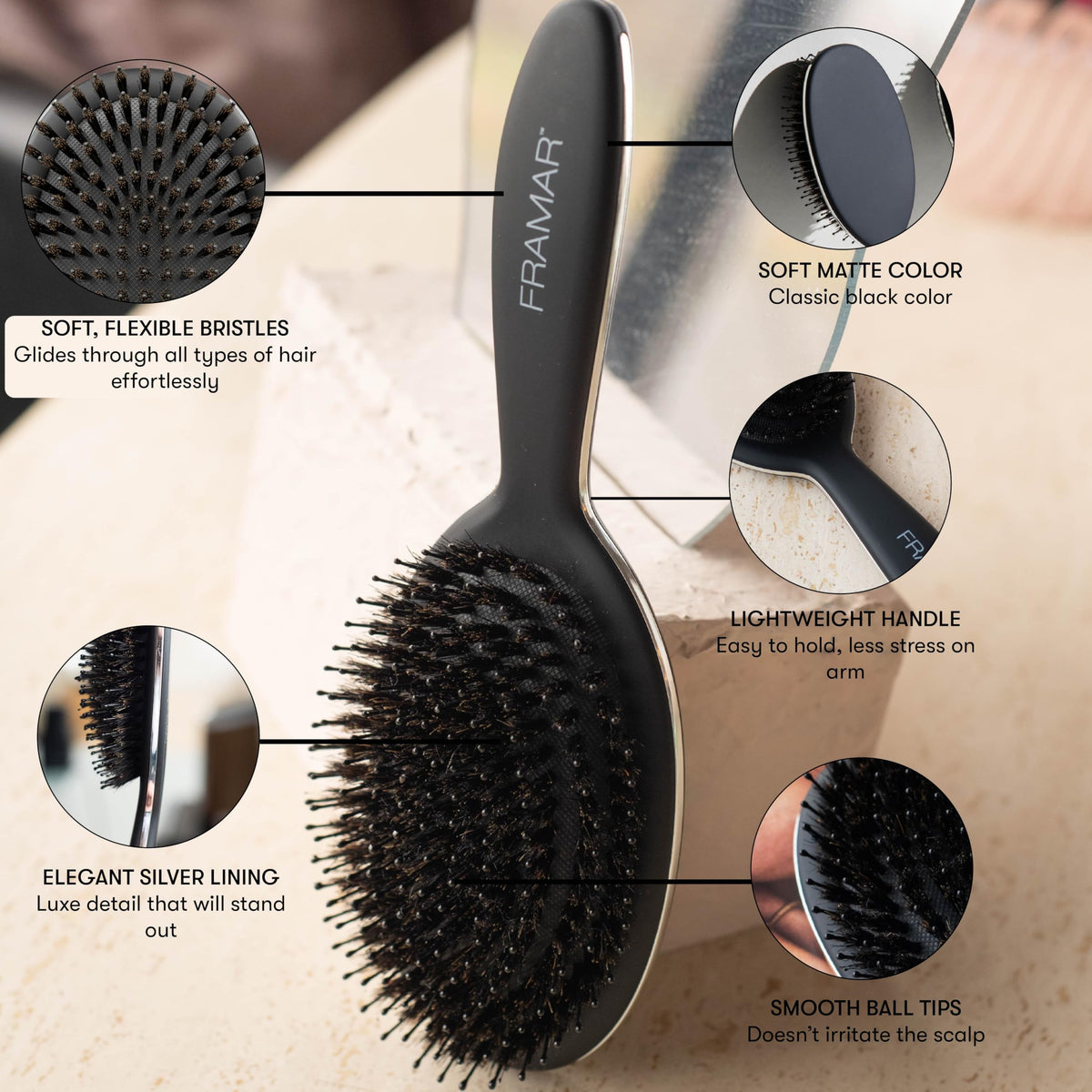 FRAMAR close-up of natural boar bristles showing smooth texture for reduced breakage