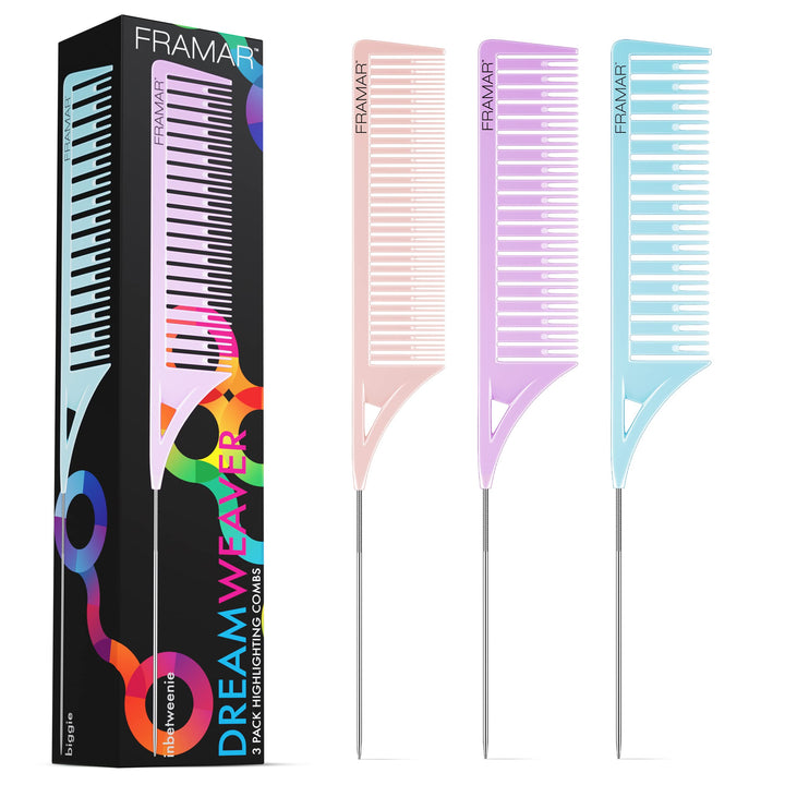 FRAMAR Dreamweaver front packaging showing three pastel combs and quick selection benefit