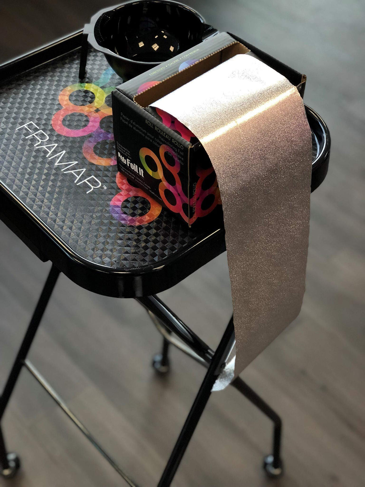 FRAMAR foil displayed in a salon chair setting for professional use