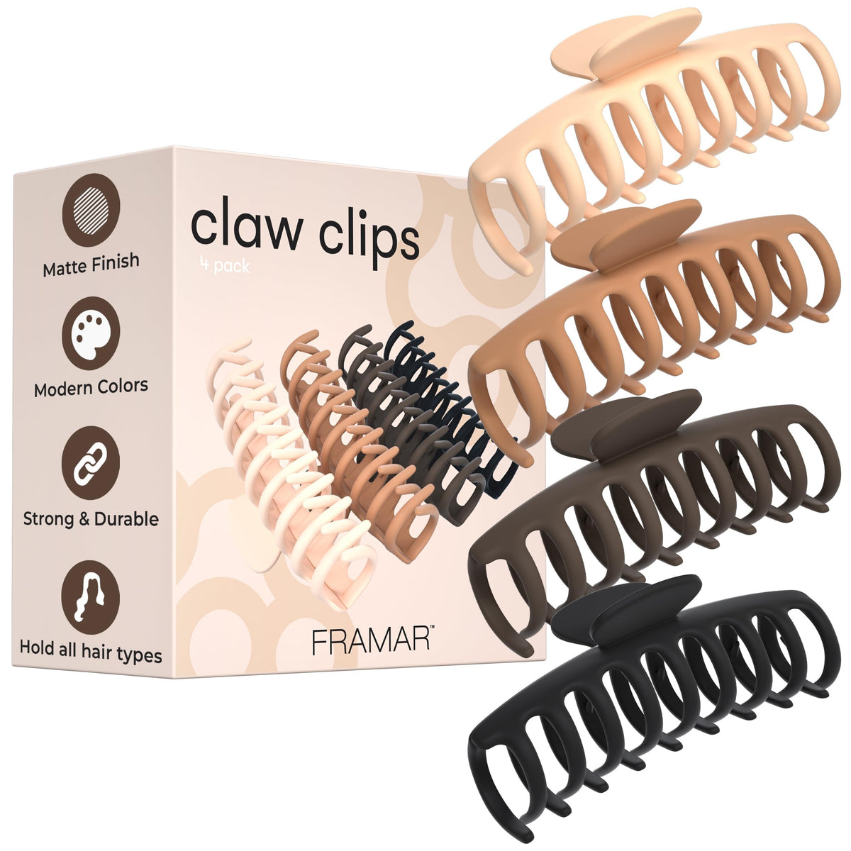 FRAMAR front view of four neutral extra large claw clips showing colors and shape, clear grip