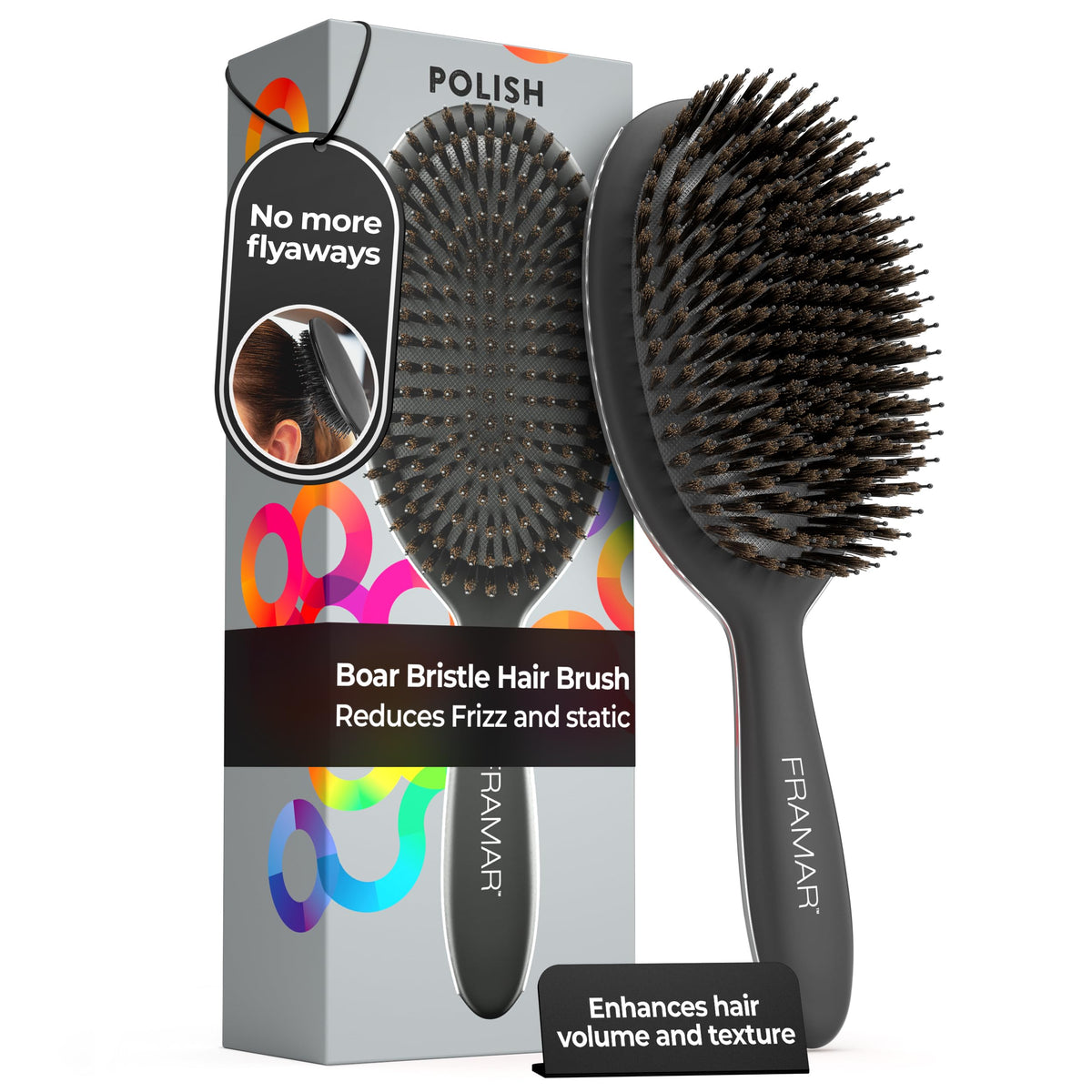 FRAMAR front view of black soft boar bristle brush showing sleek design and ease of use