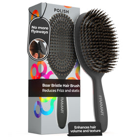 FRAMAR front view of black soft boar bristle brush showing sleek design and ease of use