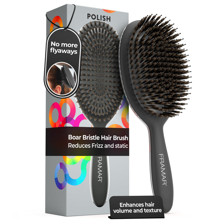 FRAMAR front view of black soft boar bristle brush showing sleek design and ease of use