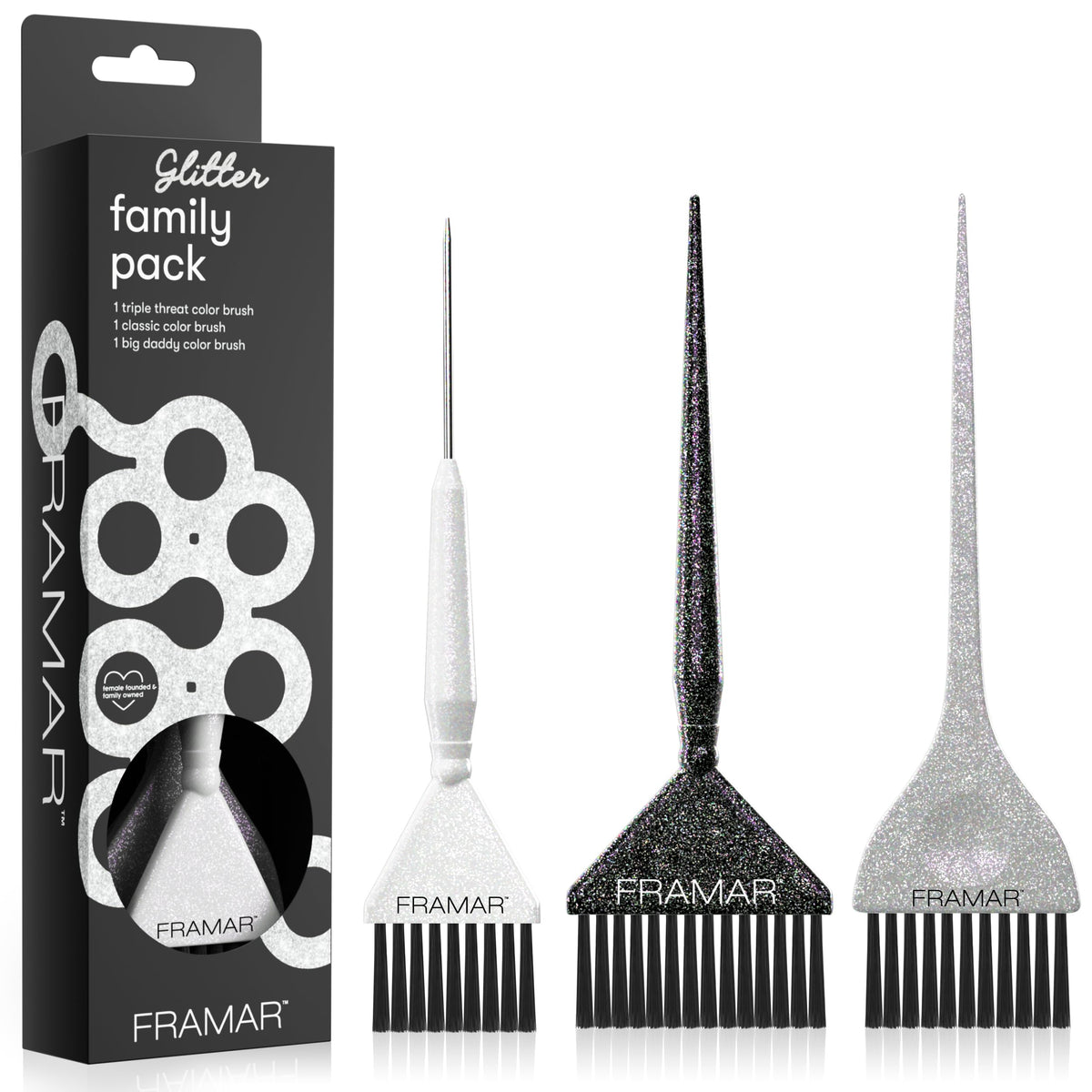 FRAMAR glitter brush front packaging showing set and glam appeal