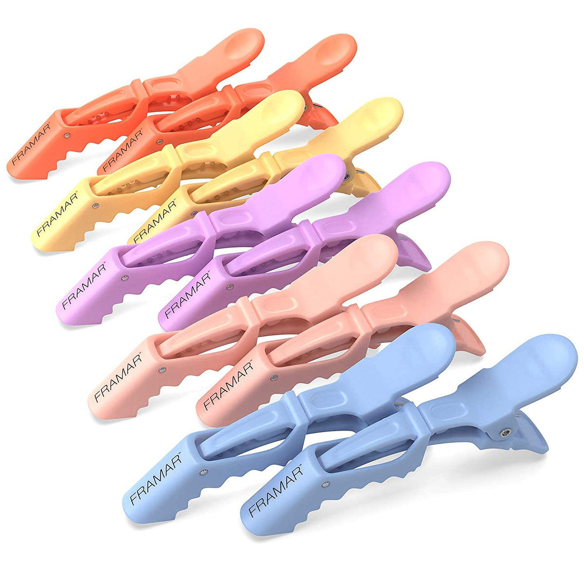 FRAMAR front pack of 10 pastel alligator clips showing organized set and professional quality