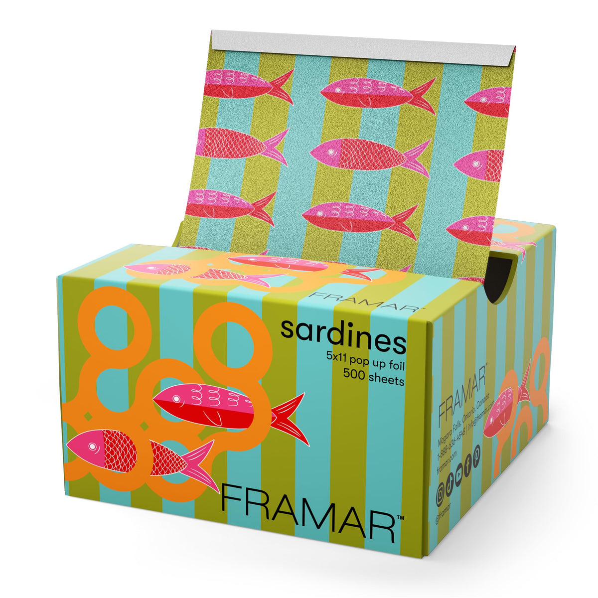 FRAMAR front box view showing colorful sardine pattern and 500-count ready supply