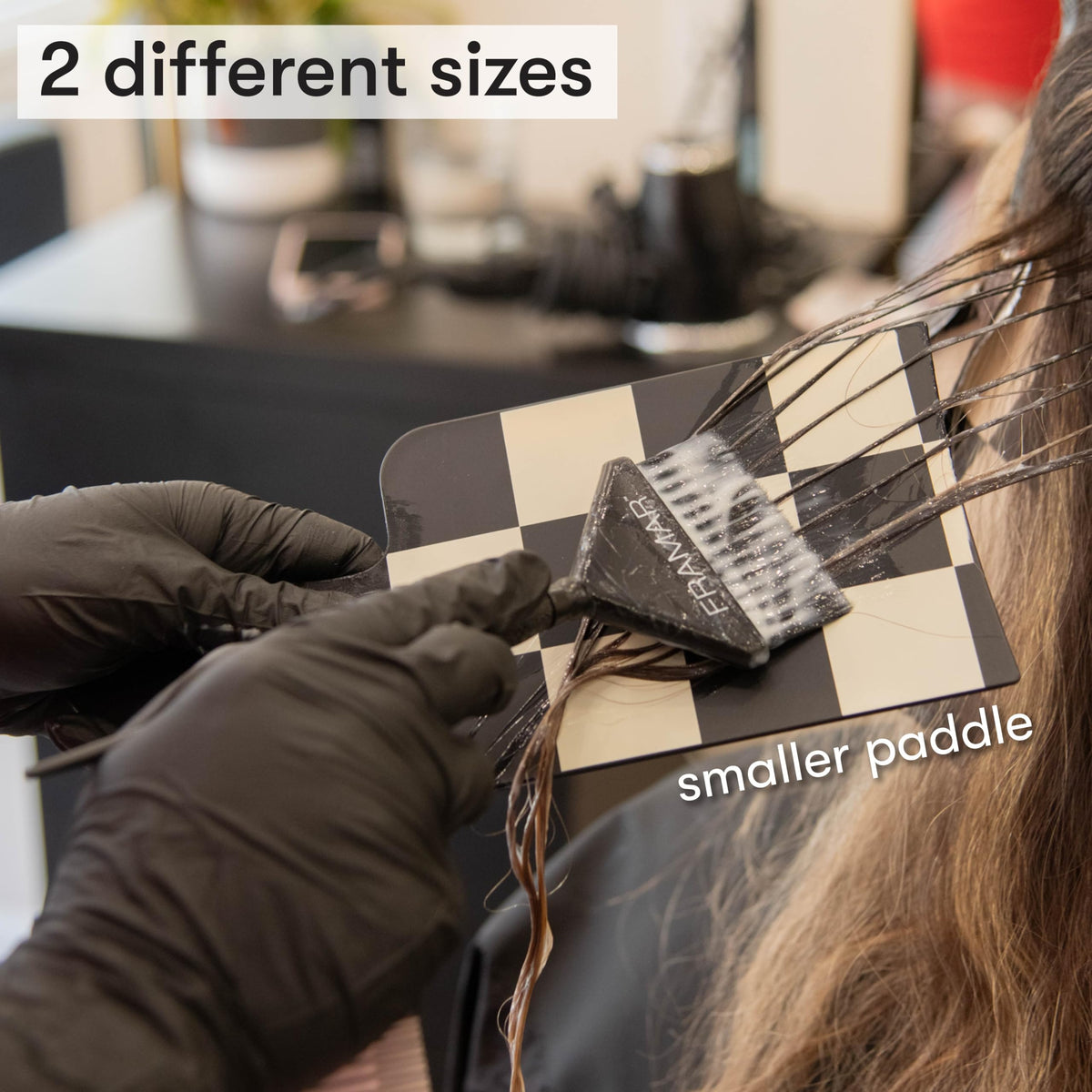 FRAMAR size comparison with hand showing scale for handling different hair lengths