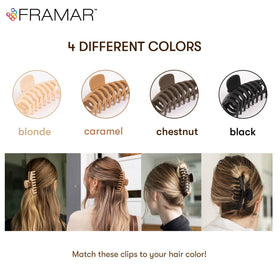 FRAMAR size comparison with hand, showing extra large capacity for thick hair