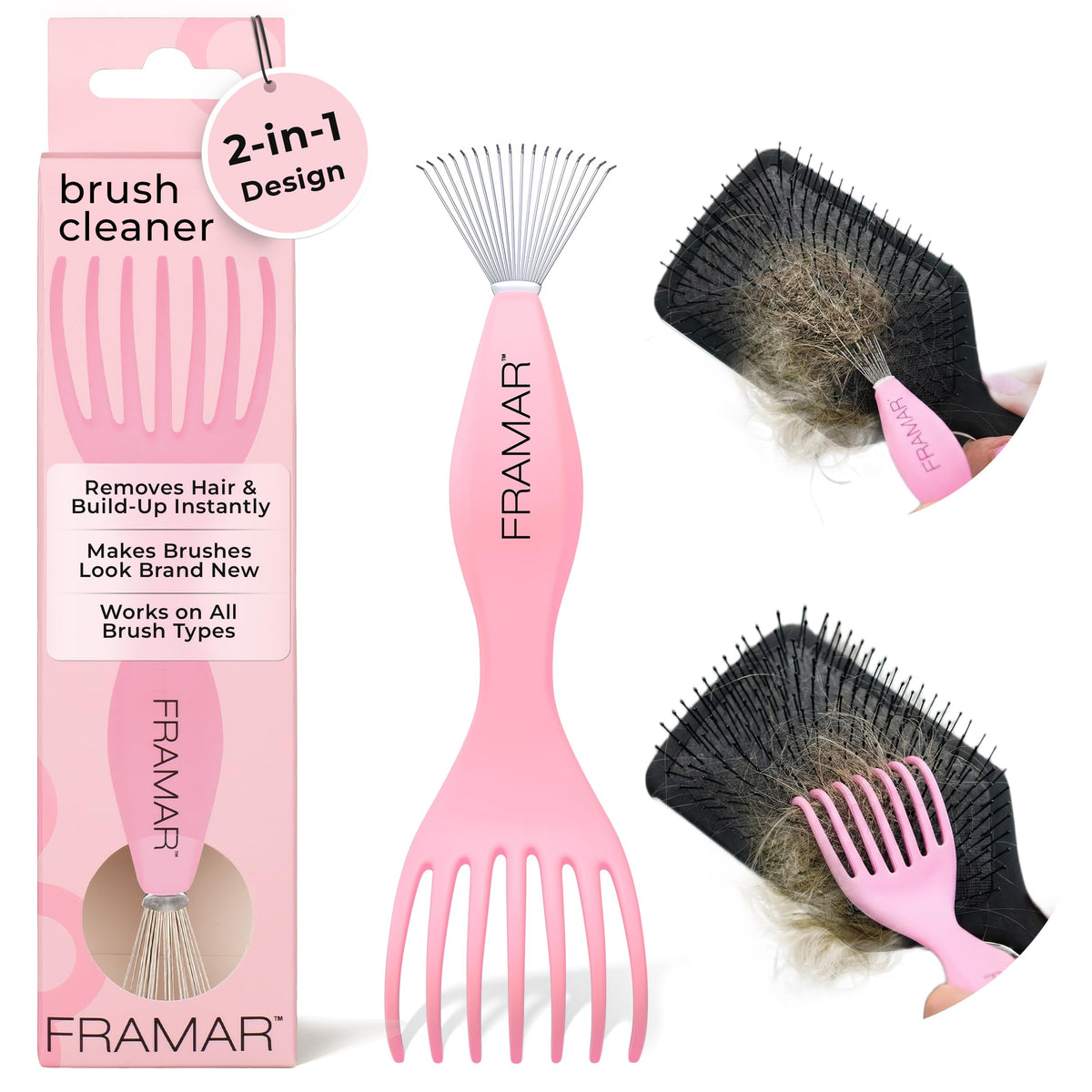 FRAMAR tool front view in pink showing compact dual design for fast cleaning