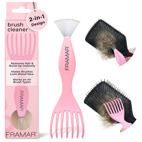 FRAMAR tool front view in pink showing compact dual design for fast cleaning