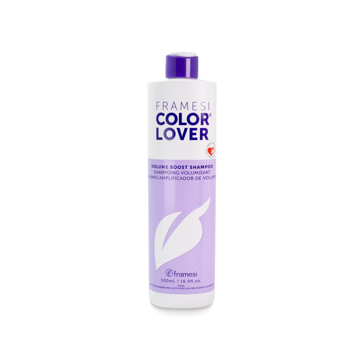 Framesi Color Lover shampoo bottle front view showing volumizing color-safe benefits