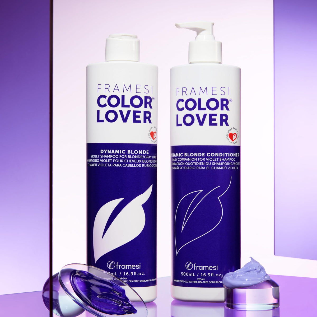 Framesi shampoo bottle beside Dynamic Blonde conditioner for paired benefits