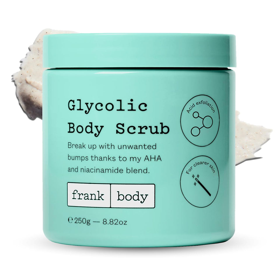 frank body product front packaging showing label and size benefit of clarity