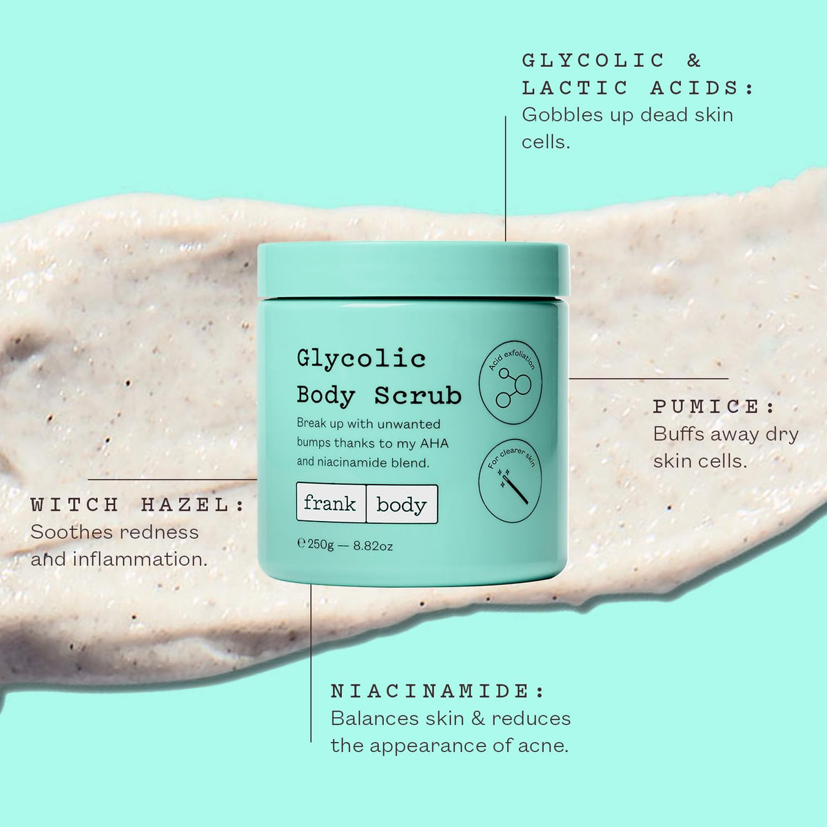 frank body close-up texture showing pumice and glycolic action for smoothing