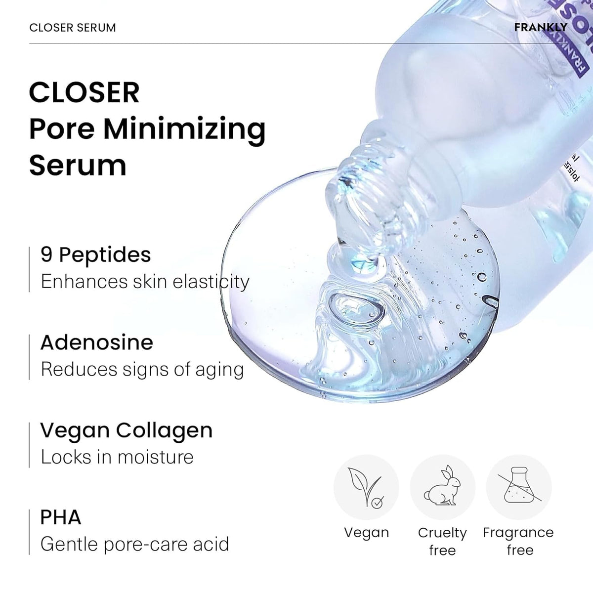 FRANKLY Closer Serum ingredient panel highlighting peptides and vegan collagen