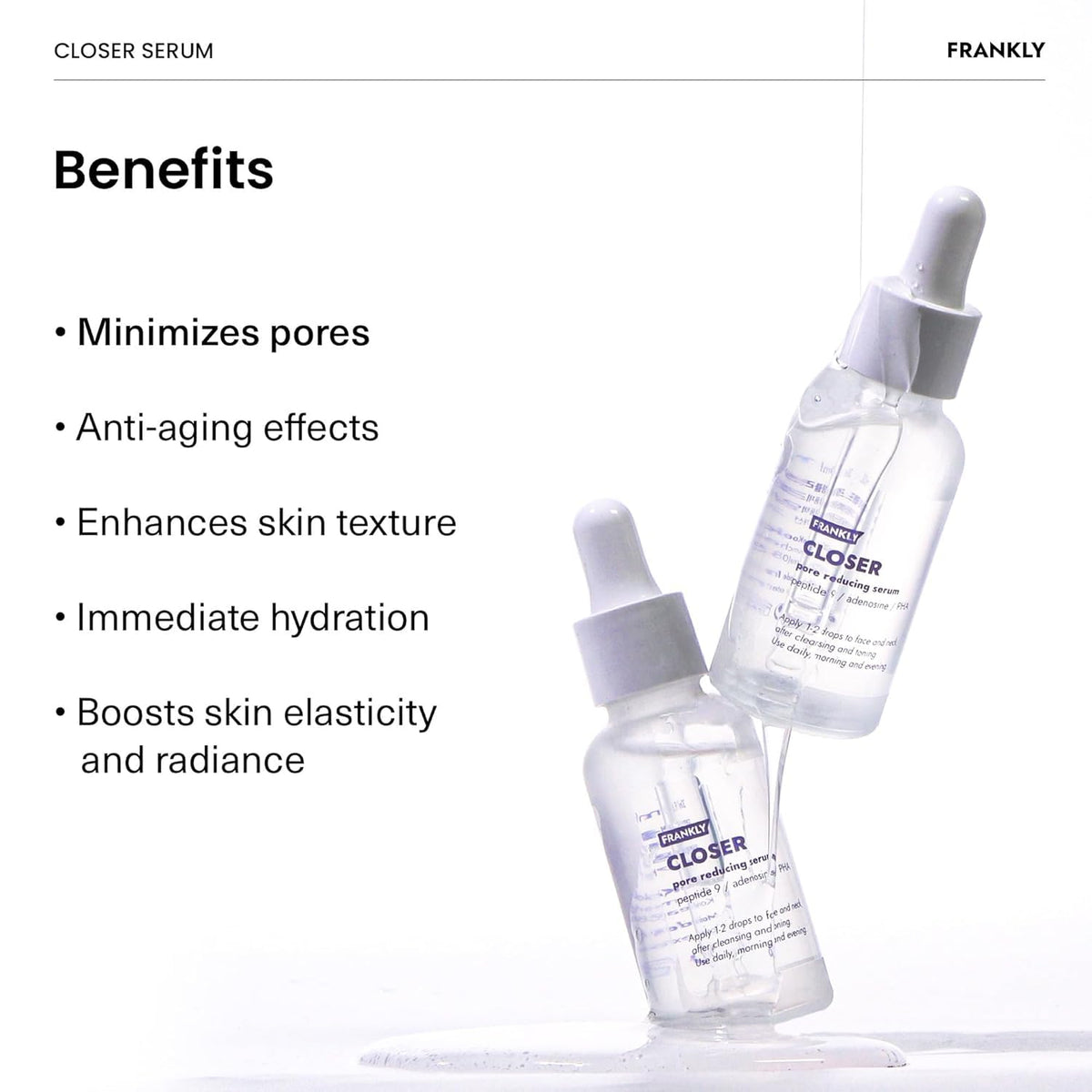 FRANKLY Closer Serum size comparison with 1.01 fl oz bottle beside ruler
