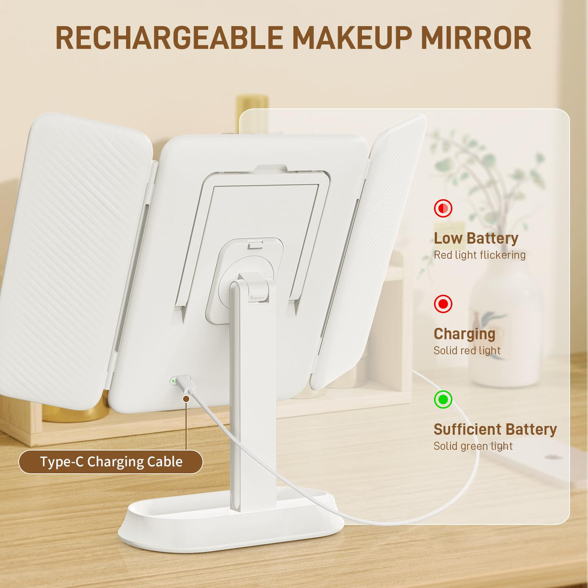 FRANO on a bathroom vanity in use showing rechargeable convenience for daily routines