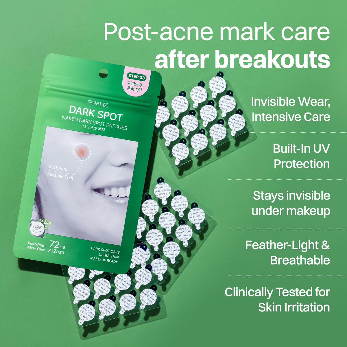 FRANZ patch applied to healed spot on cheek, demonstrates targeted delivery benefit