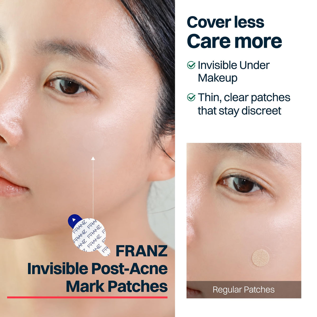 FRANZ patch worn under light foundation, illustrates makeup-friendly coverage benefit