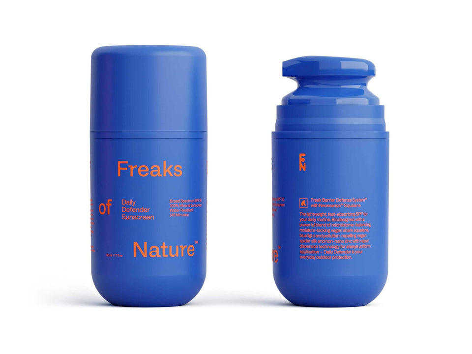 Freaks of Nature front tube showing label and compact travel size with protection benefit