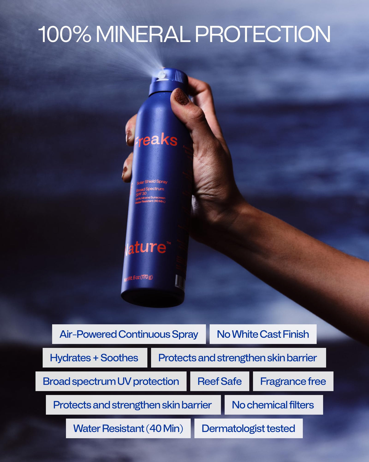 Freaks of Nature Solar Shield dispensing spray demonstrating easy aerosol-free continuous application for fast coverage