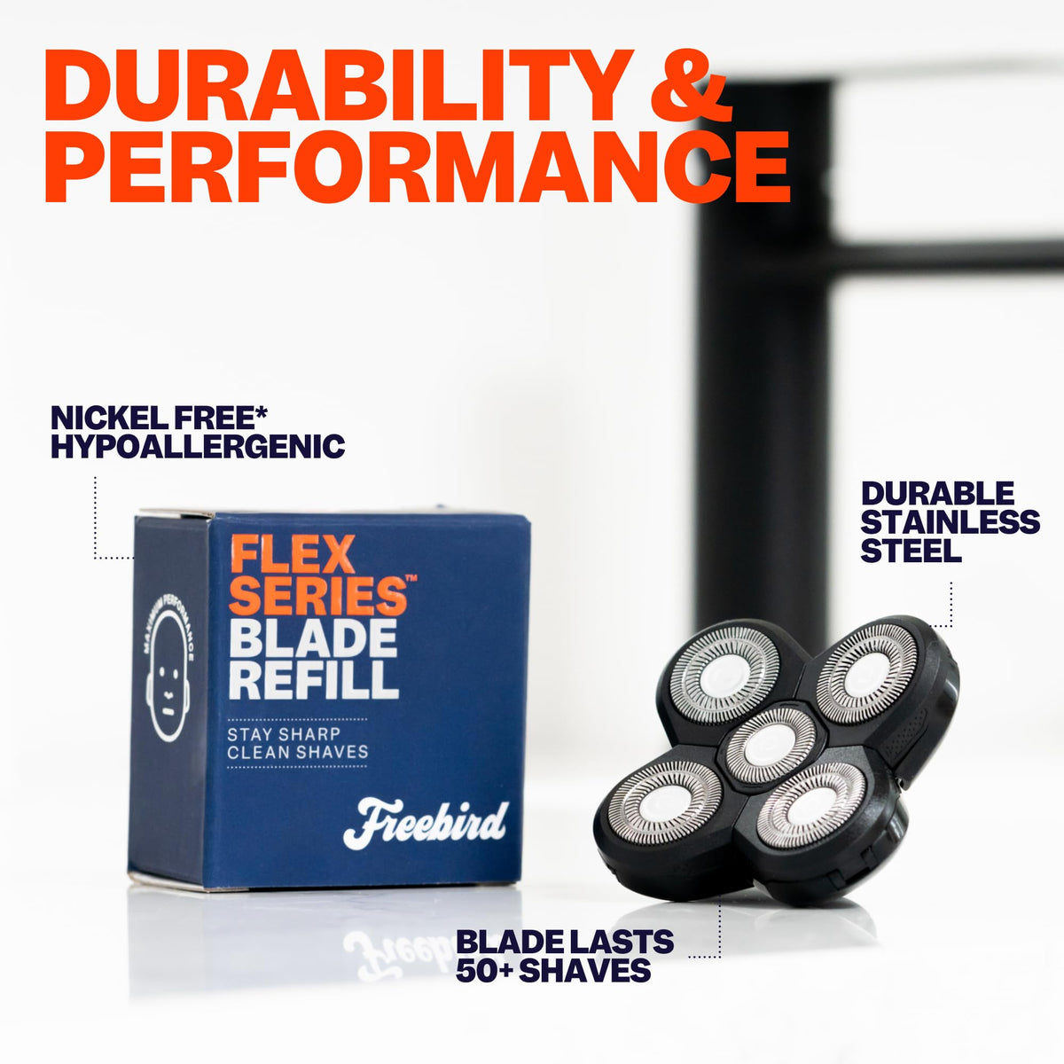 Freebird blade held in hand to show size and scale, easy-to-replace convenience benefit