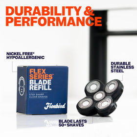Freebird blade held in hand to show size and scale, easy-to-replace convenience benefit