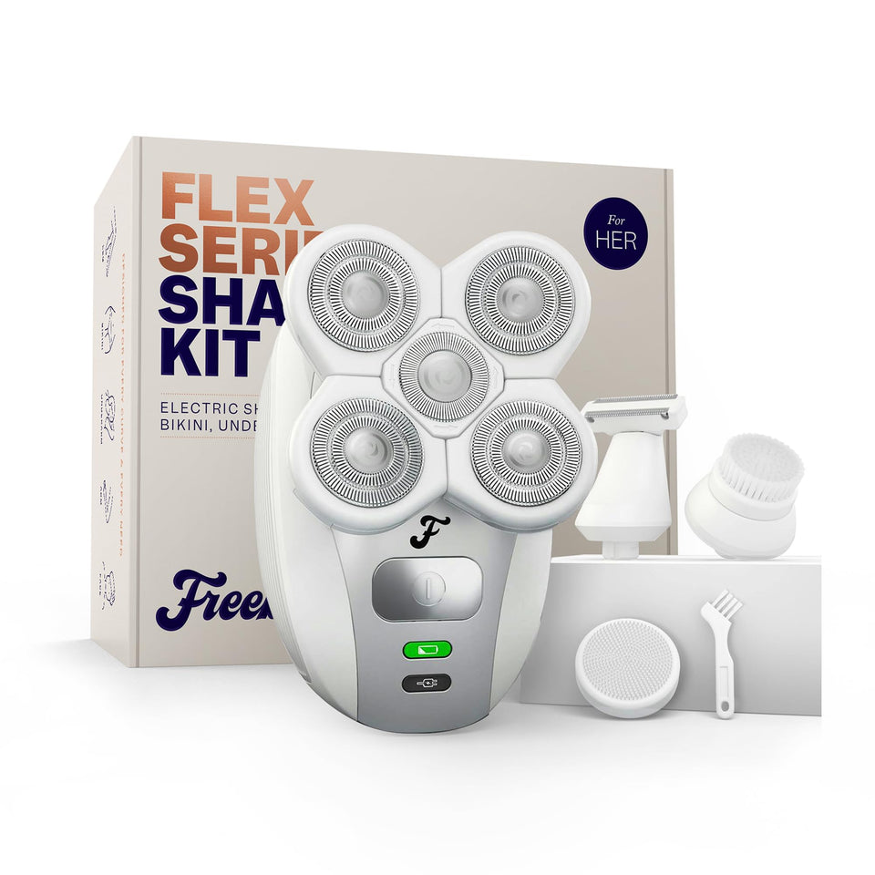 Freebird razor front view showing ergonomic shape and control buttons for comfortable grooming