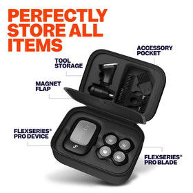 Freebird display of five attachments and extra blade organized for versatile grooming