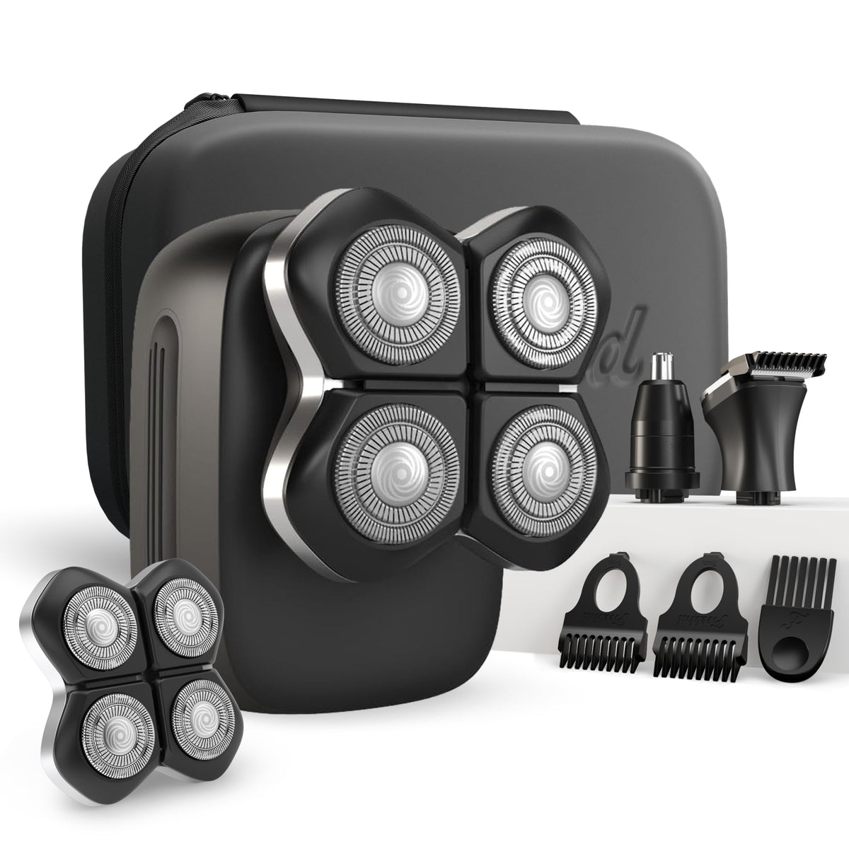 Freebird front view of cordless shaver showing ergonomic grip and power button, easy handling