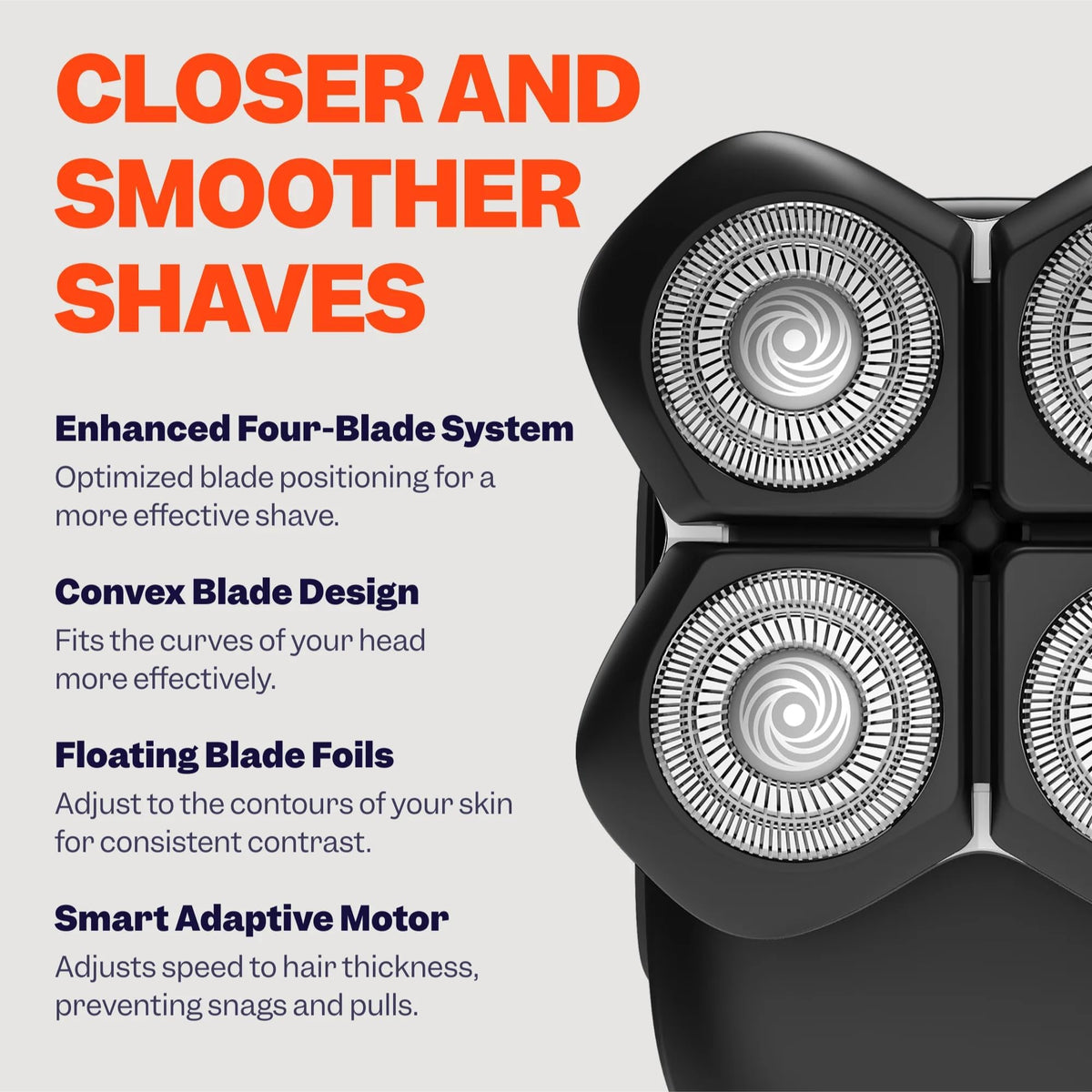 Freebird close-up of ScalpSafe rotary blade head showing sharp blades and safe contouring