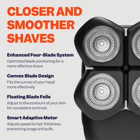 Freebird close-up of ScalpSafe rotary blade head showing sharp blades and safe contouring