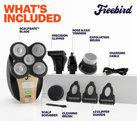 Freebird rotary head close-up highlighting five blades for a close, irritation-reducing shave