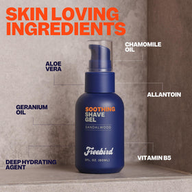 Freebird shave gel held in hand to show travel-size 60mL portability and convenience