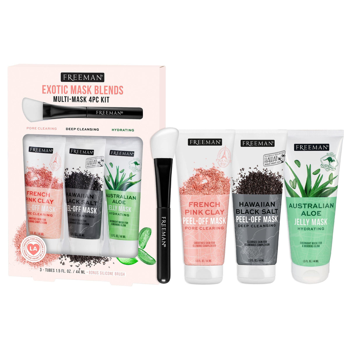 Freeman front packaging showing all four masks and brush for versatile skincare