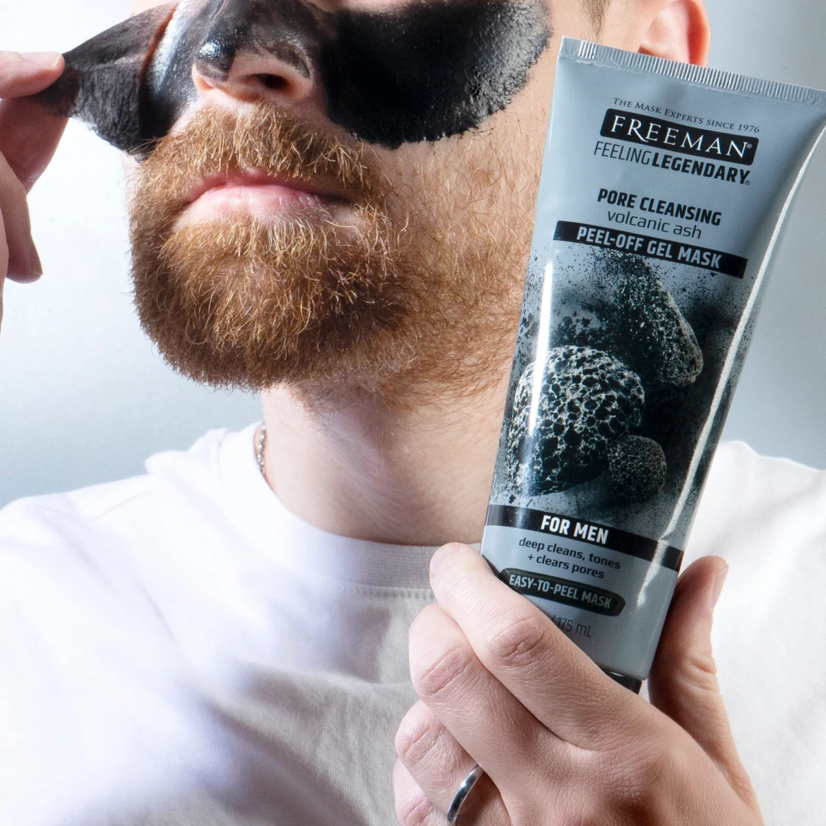 Freeman volcanic ash and charcoal ingredients close-up showing purifying benefit