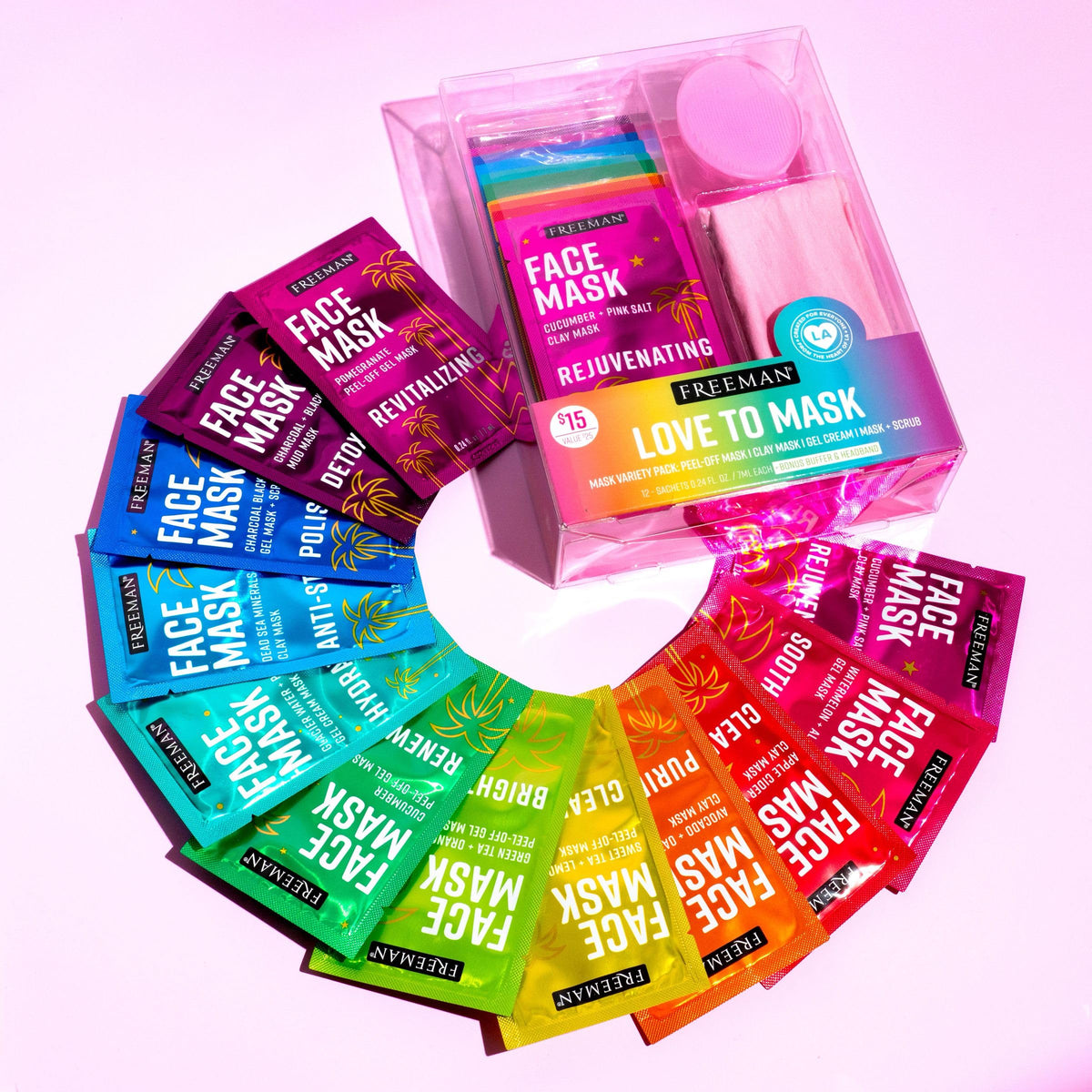 Freeman masks packed in travel bag ready for on-the-go skincare