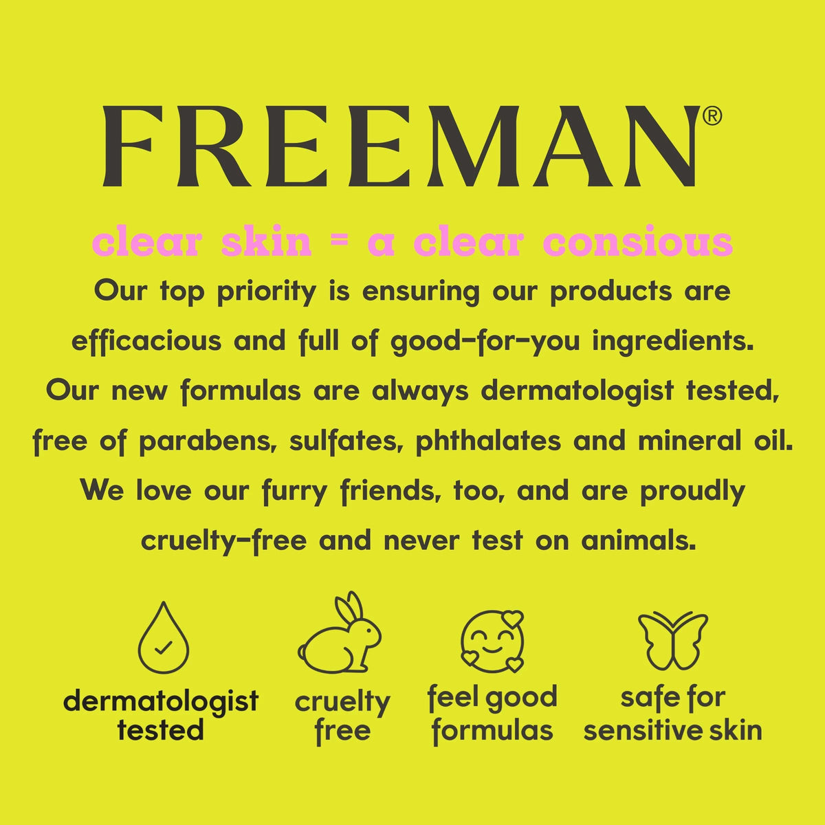 Freeman tube near clean icons highlighting paraben-free, vegan benefit