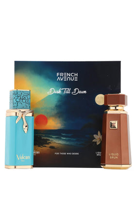 French Avenue dusk till dawn set front view showing both bottles and box, elegant gift presentation