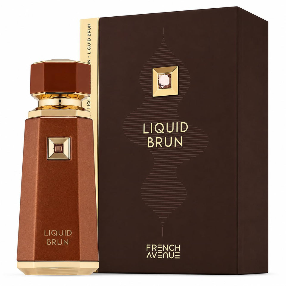 French Avenue Liquid Brun front packaging shows sleek bottle and branding, projects refined style