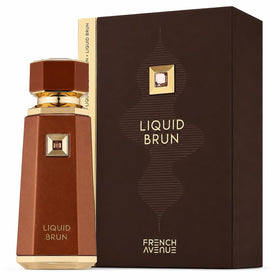 French Avenue Liquid Brun with wood and cinnamon props, emphasizing spicy-woody composition and depth