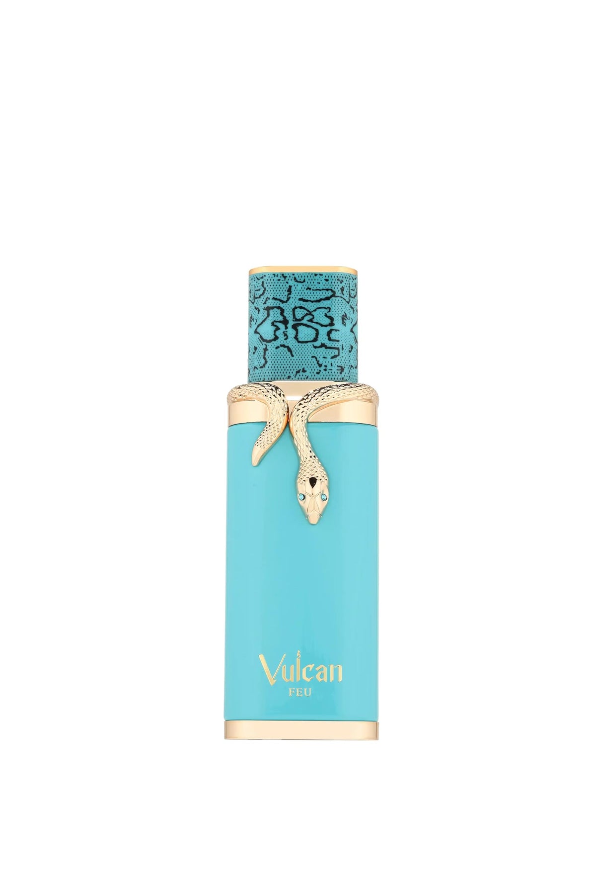 French Avenue Vulcan Feu turquoise bottle close-up highlighting metallic detail and vibrant design