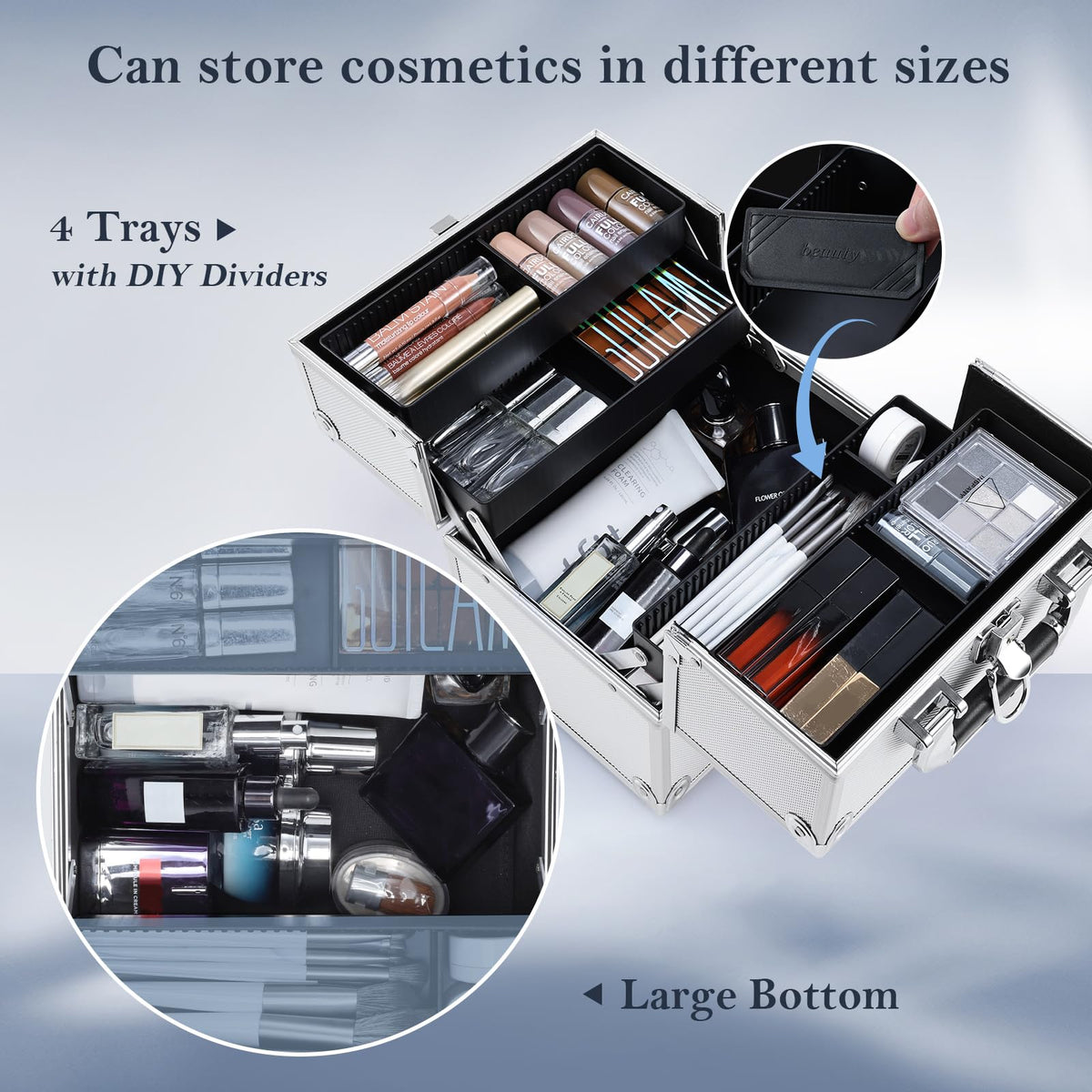 FRENESSA open cantilever trays displaying organized cosmetics for quick access