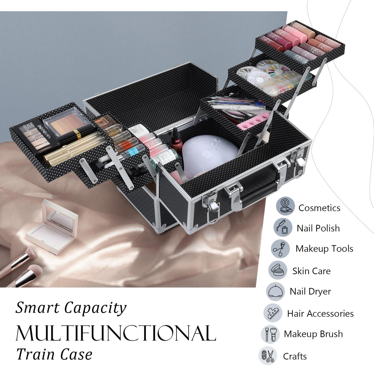 FRENESSA open cantilever trays displaying six tiers for organized cosmetics