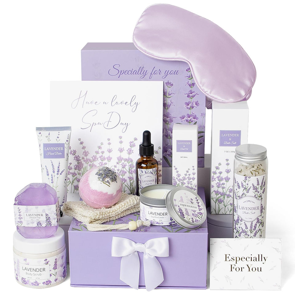 Frerdui lavender gift box front view showing complete spa set and ready-to-gift appeal