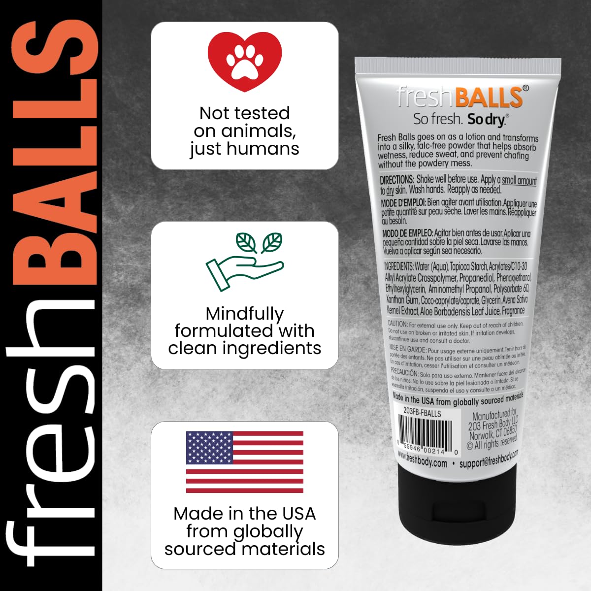 Fresh Body FB fresh-balls ingredients label highlighting oat soothing and safe formulation