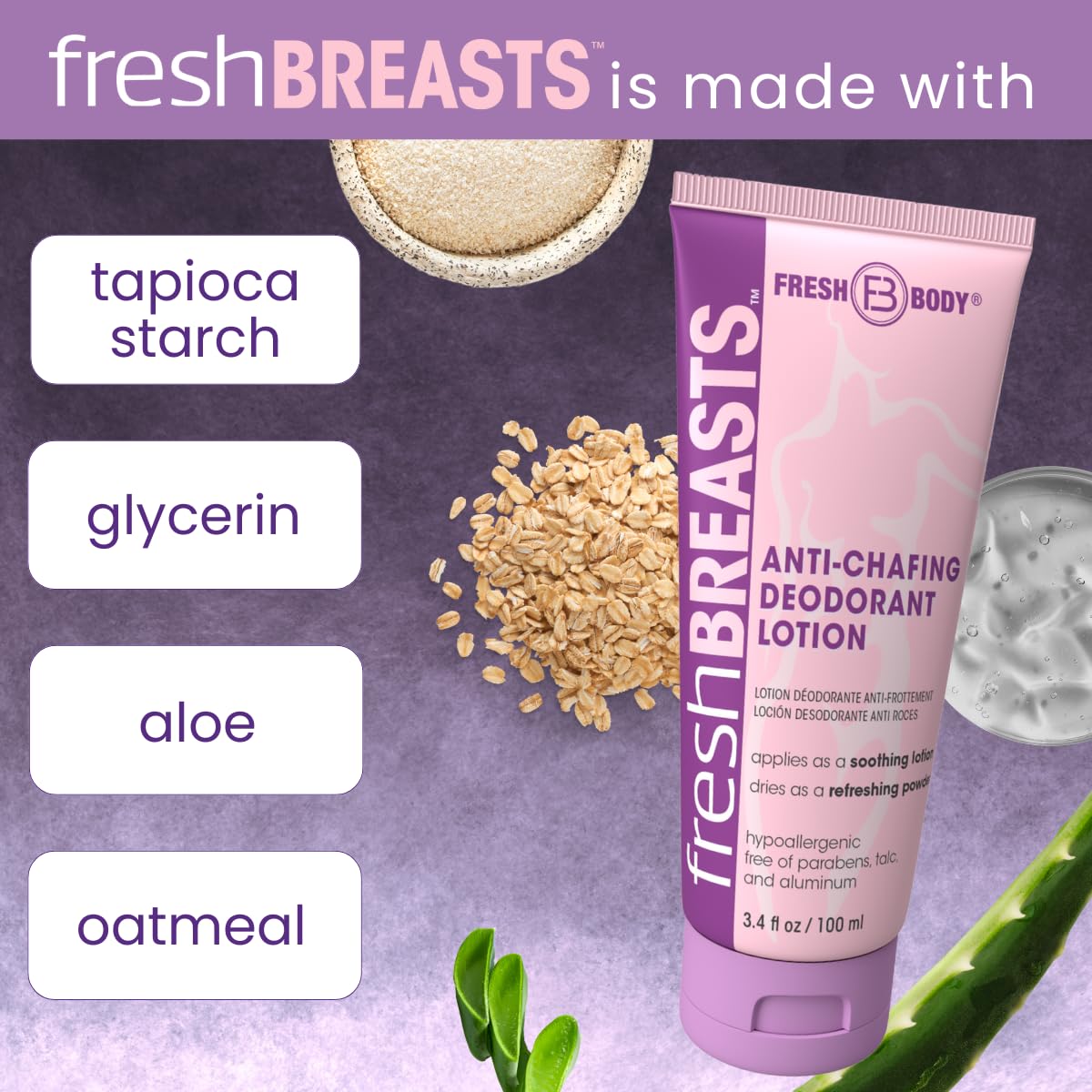 Fresh Body Fresh BREASTS cream applied to skin illustrating soothing dry-feel benefit