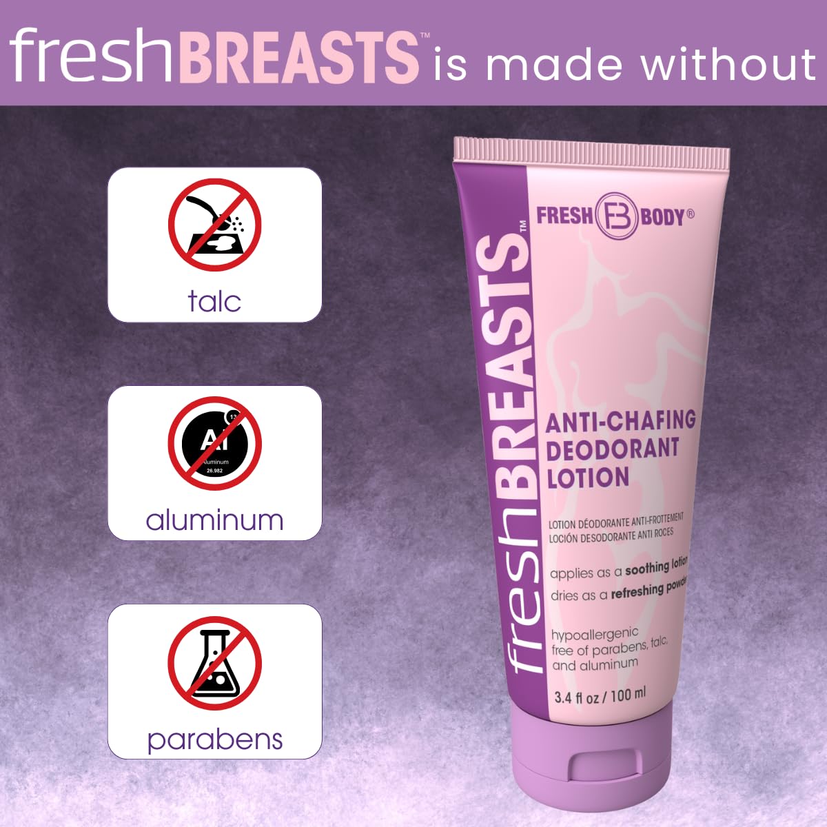 Fresh Body Fresh BREASTS being applied under bust to reduce friction benefit