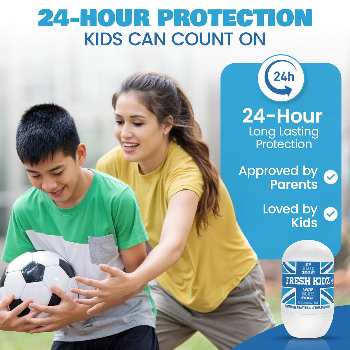 Fresh Kidz placed beside sports gear highlighting long-lasting activity protection